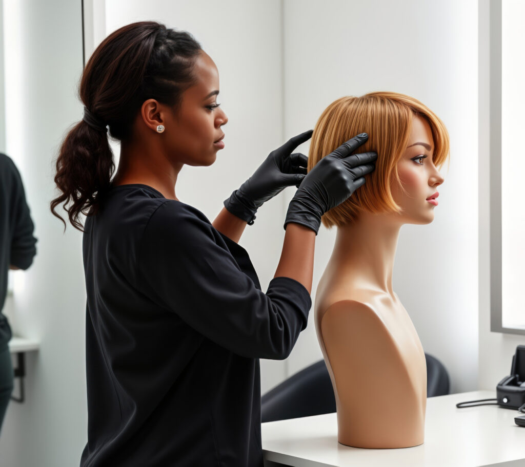 Une coiffeuse ajuste les cheveux naturels et la frange d'une perruque sur un mannequin