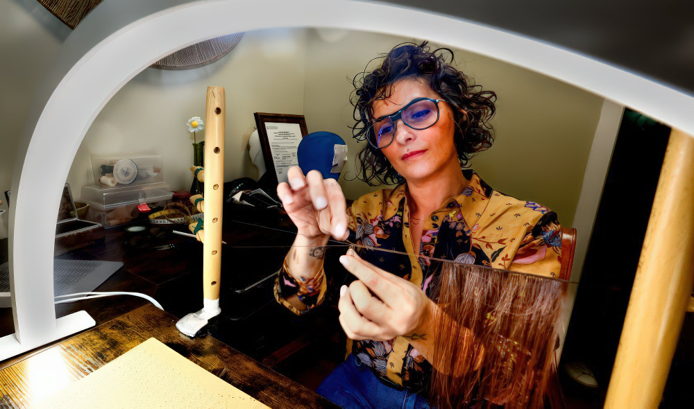 Marguerite Clemente travaillant des cheveux naturels sur un métier à tisser avec precision